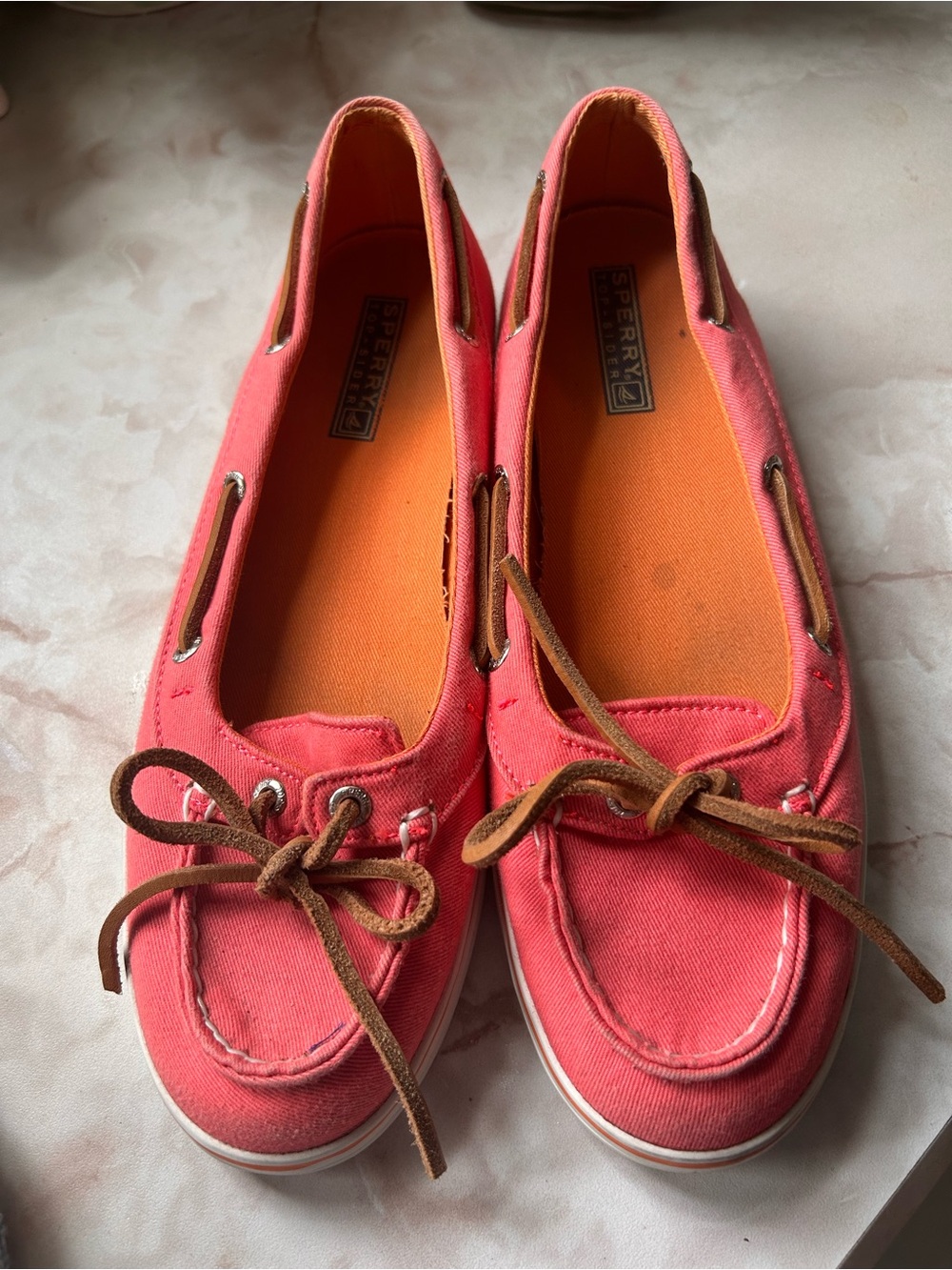 Sperry Coral Canvas Slip-On Boat Shoes with Brown Laces